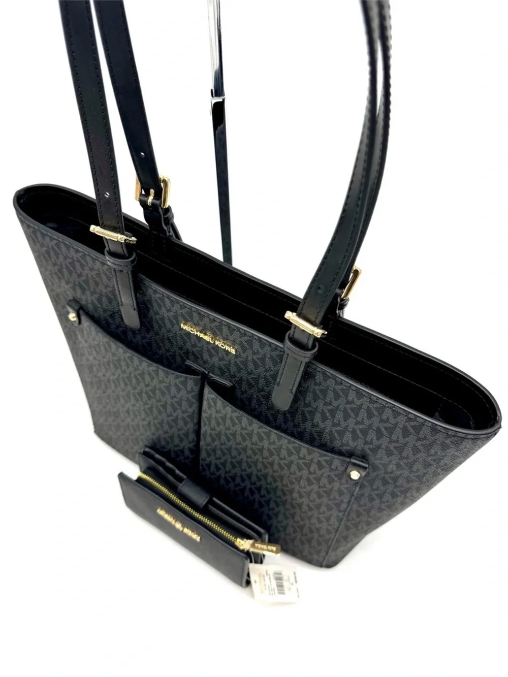Michael Kors Jet Set Medium Pocket Tote Bag & Matching Bifold Wallet Black